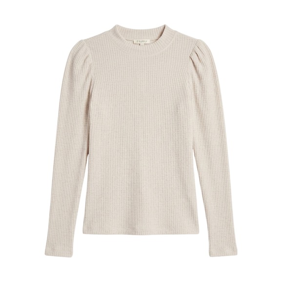 Z Supply Tops - Z Supply Justice Thermal Top Oatmeal Waffle Knit Puff Sleeve Crew Neck Large NWT